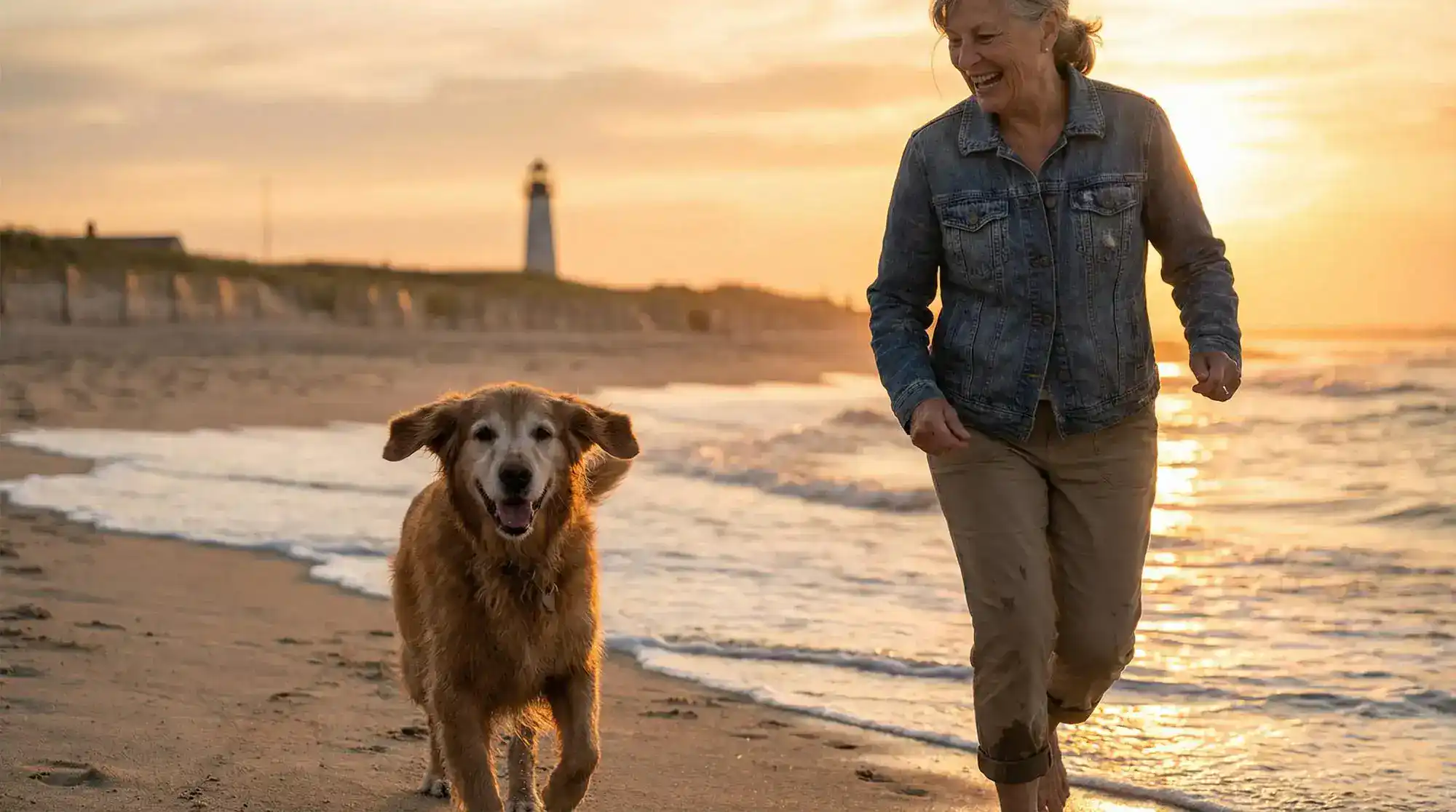 Senior dog running on beach